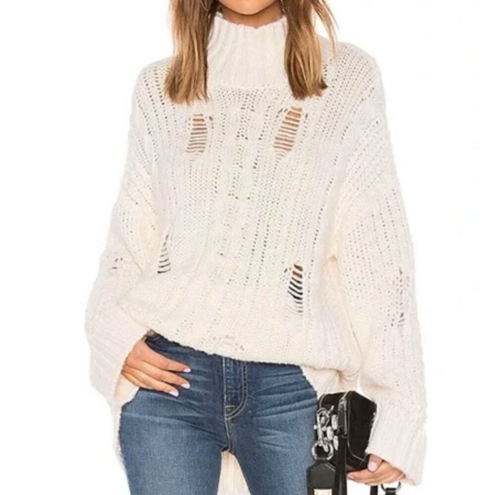 NEW Current/Elliott The Vin Distressed Cable Knit Wool Sweater SZ L